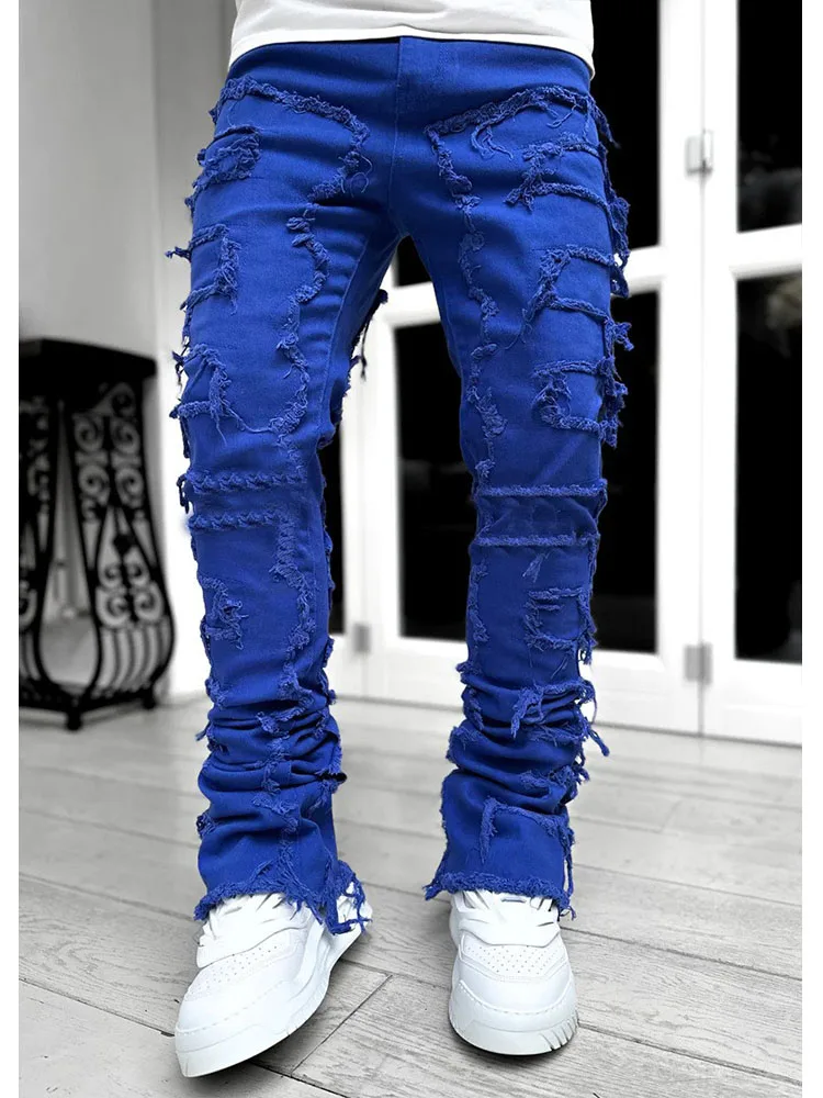 Men\'s Casual Distressed Jeans Tassels Patchwork Design Slim Fit Solid Color Stretch Denim Pants Straight Leg Streetwear Trousers