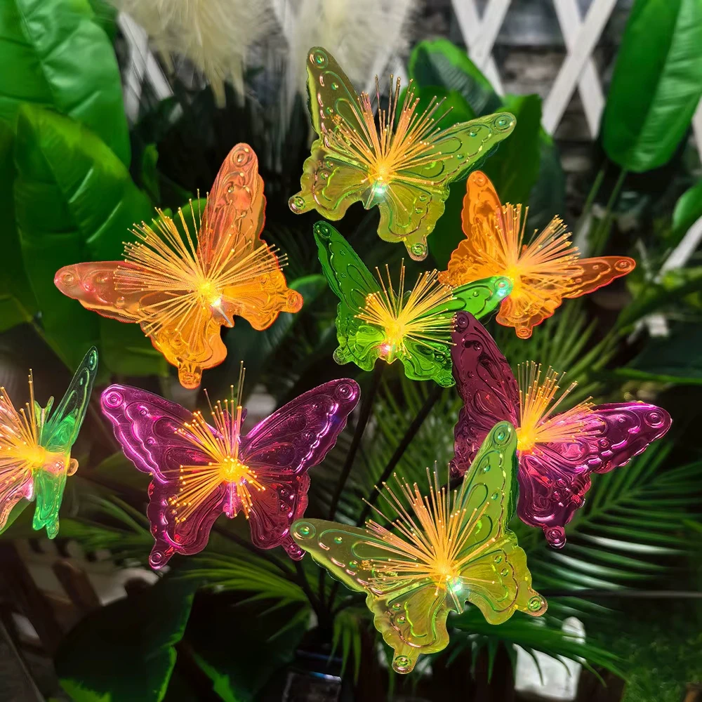1PC 6-Head Solar LED Fiber Optic Butterfly Light Outdoor Decoration Light,Colorful Atmosphere Lighting For Ground,Lawn,Yard
