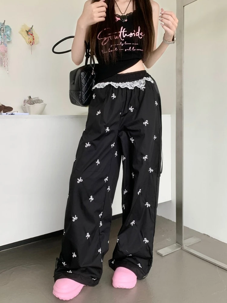 Deeptonw Y2k Coquette Bow Embroidery Wide Leg Pants Women Korean Style Kawaii Sweet Lace Patchwork High Waist Loose Pants Y2k