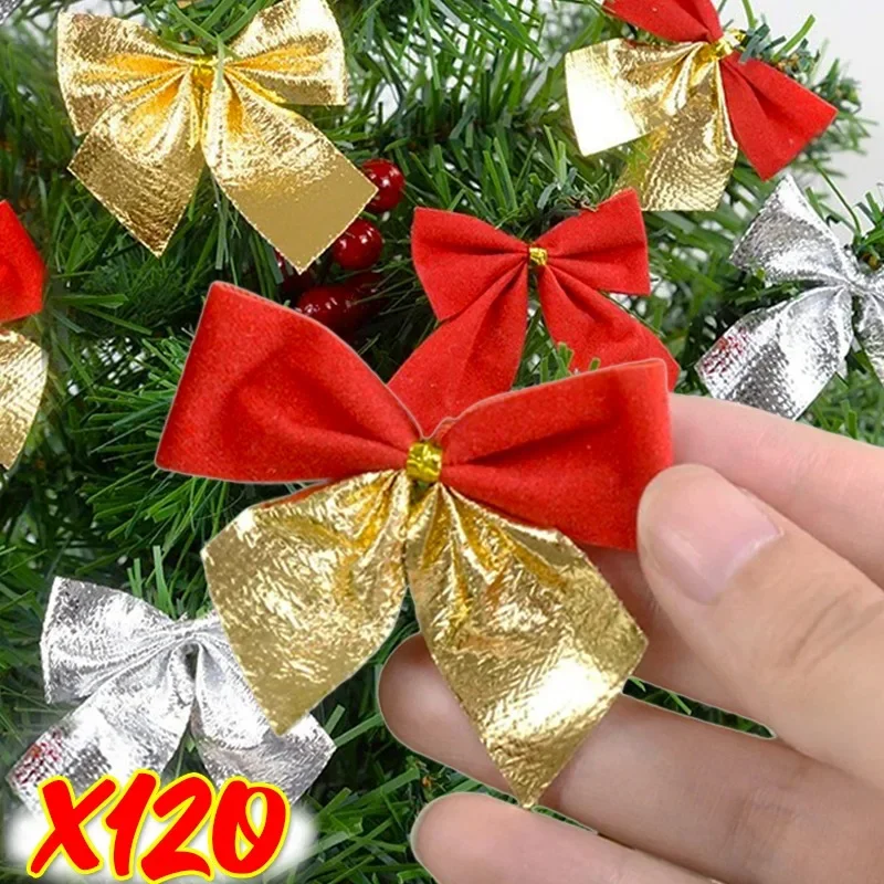 12/120PCS Mini Bow Sets Christmas Tree Red Gold Silver Bowknot Pendant Ornaments DIY Christmas New Year Party Decoration Supply