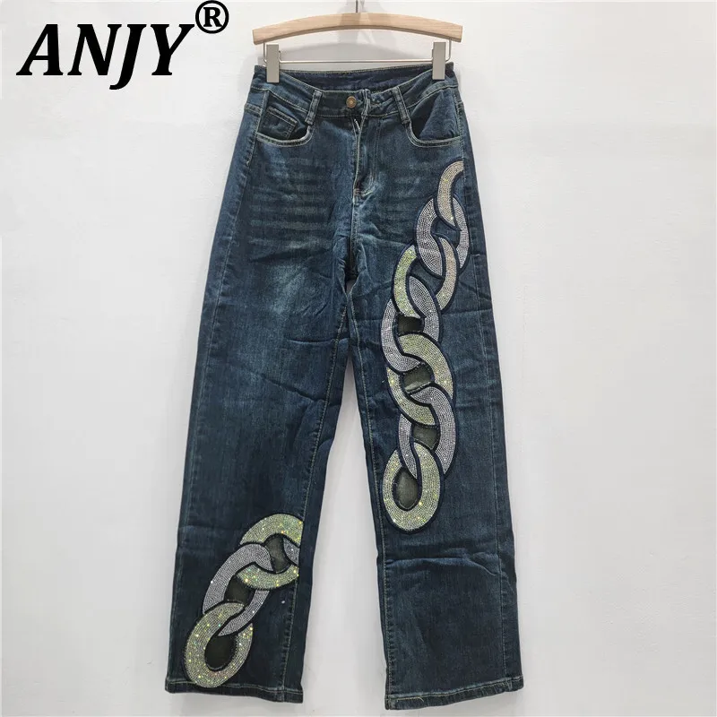 ANJY Spring Autumn New Women Straight Jeans Studded Diamonds Hollow Out Vintage Streetwear Stylish Y2K Casual Denim Pants A11246