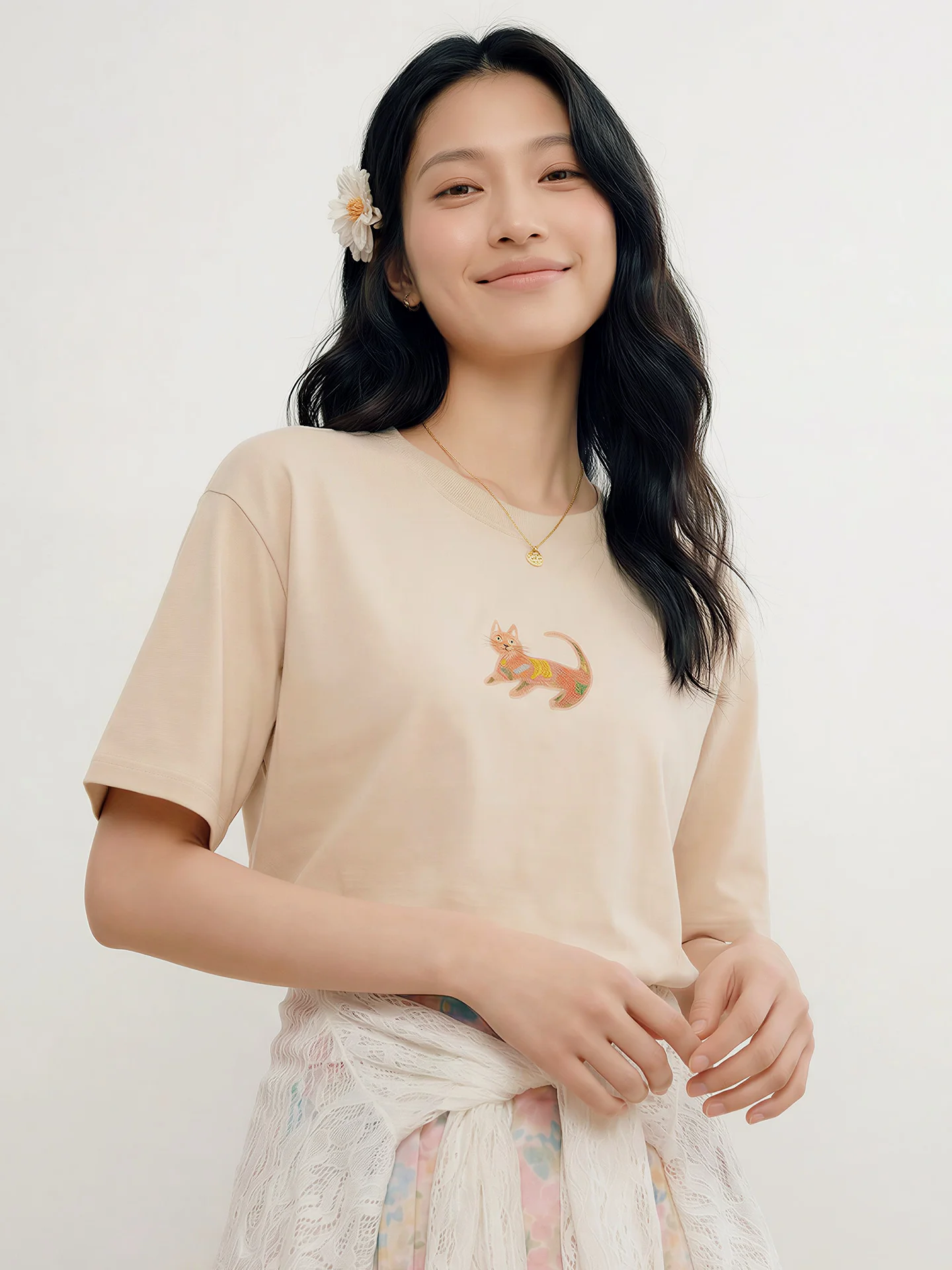 

Spring Cotton Short Sleeve T-Shirt Women's Loose Fit Running Embroidery Artistic Style Casual Breathable Comfortable