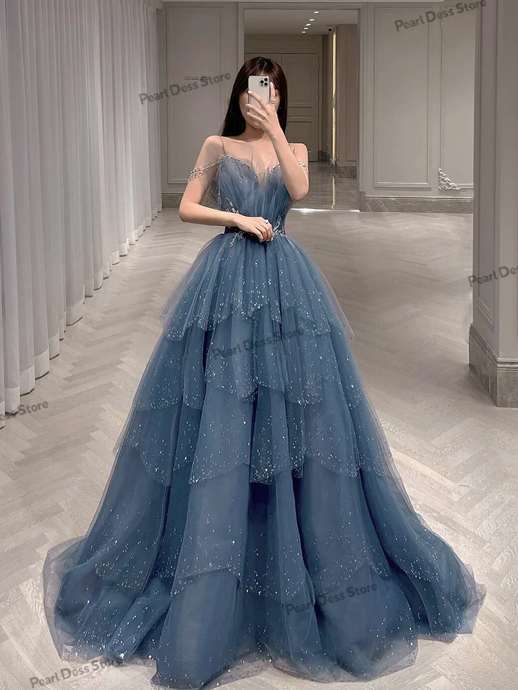 Vestido de noche con perlas para mujer, traje elegante con cuentas azules, de lujo, brillante, en capas, de gasa, para fiesta de graduación, 2024