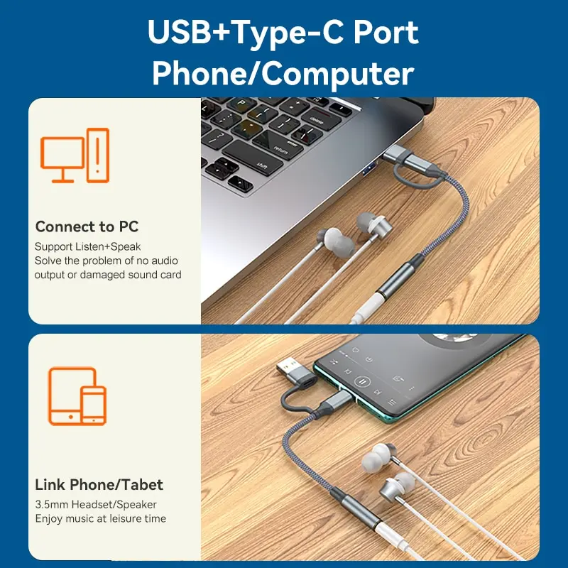 2 in 1 USB to 3.5mm Jack External Sound Card Jack 3.5mm USB C Audio Adapter Convertor for PC Computer Laptop PS5 Samsung Xiaomi