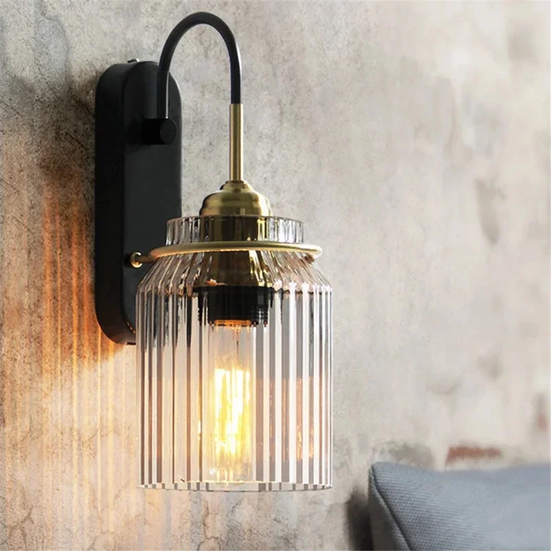 Retro Curved Gooseneck Arm Wall Lamp Smoked Vertical Fluted Glass Shade Black Gold Metal Wall Sconce Living Room Staircase
