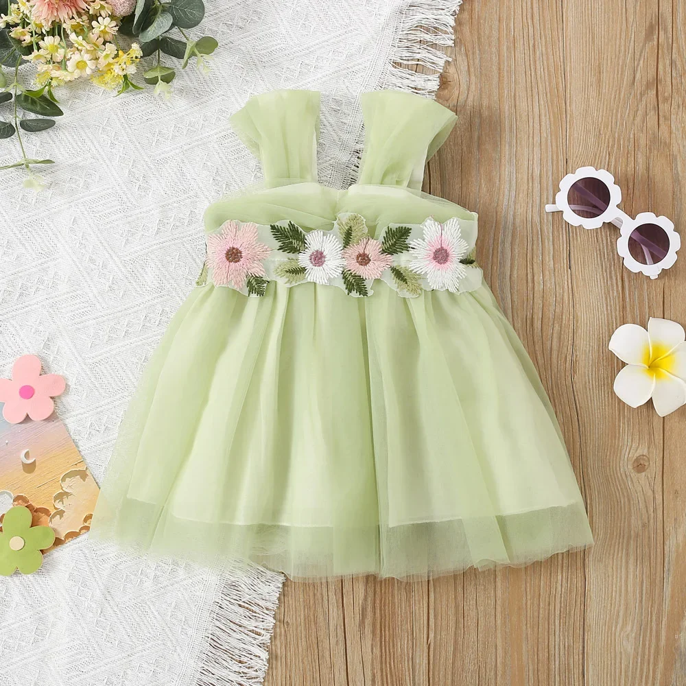 Girls' Summer New Sleeveless Dress Children's Mesh Breatheable Colorful Cute Flower Embroidery Baby Tassel Princess Dress