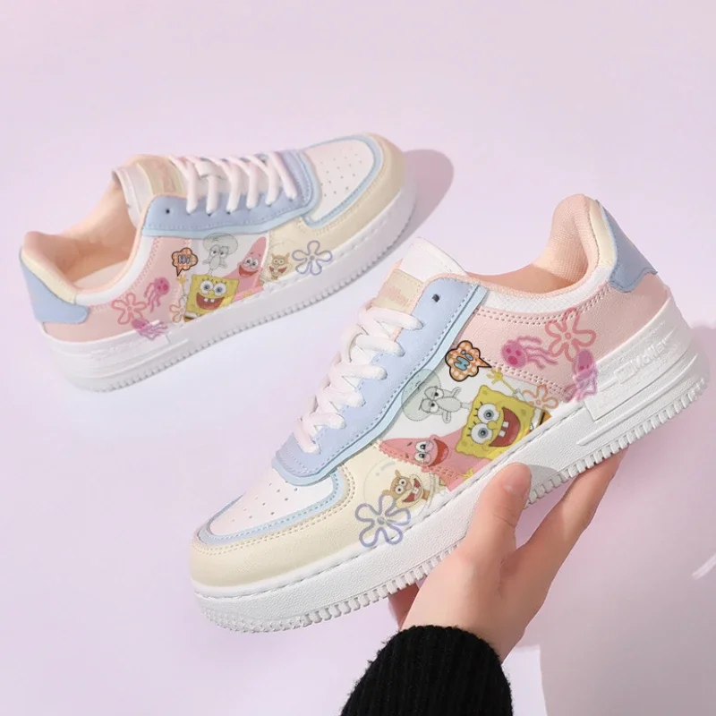 Venda quente SpongeBobs Mulheres Tênis Mens Off White Shoes Bonito Dos Desenhos Animados Estudante Plat Conforto Sapatos de Skate