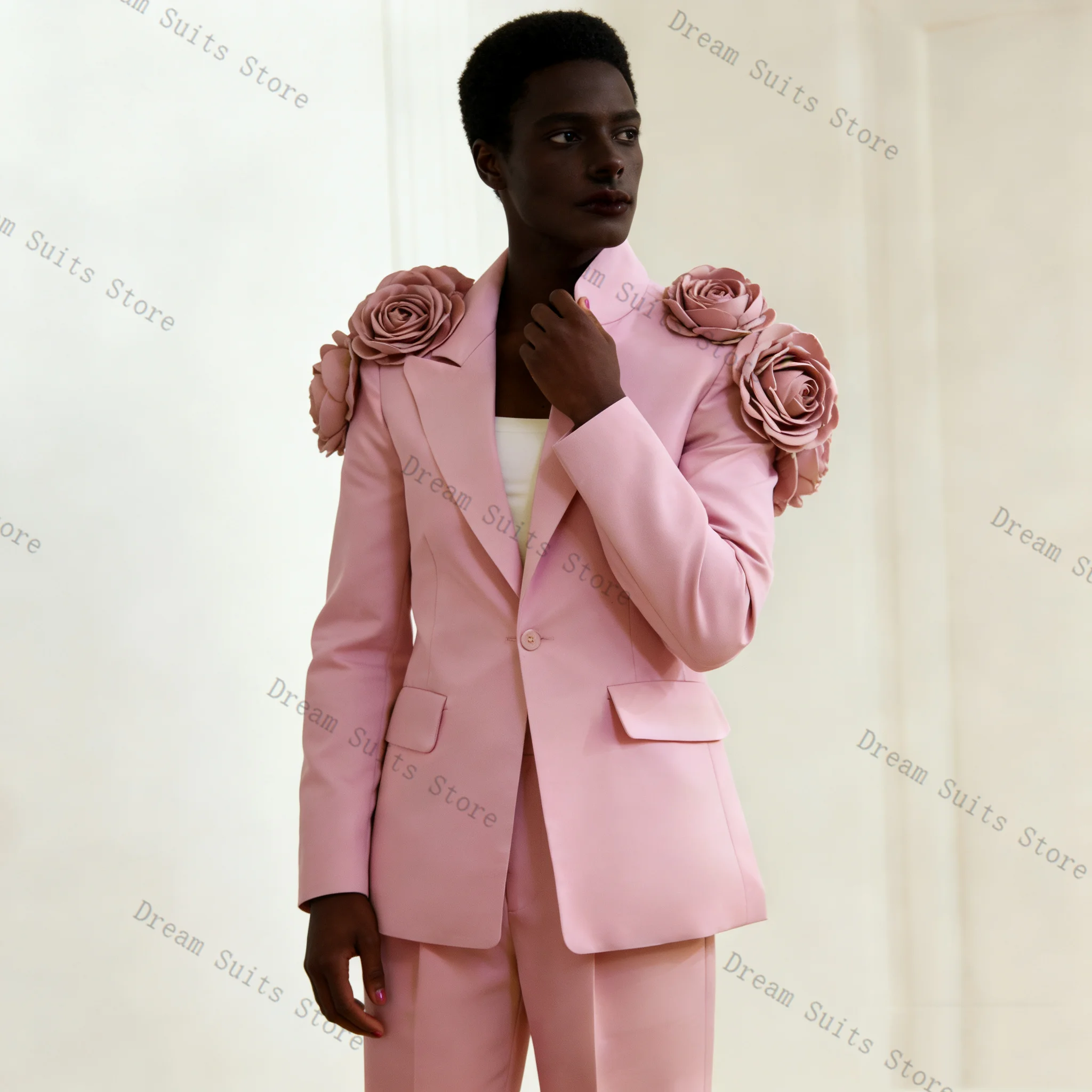 

Pink Men Suit Set 2 Pcs Blazer+Pants Trousers Customized 3D Flower Spring Cotton Formal Office Jacket Wedding Tuxedos Prom Coat
