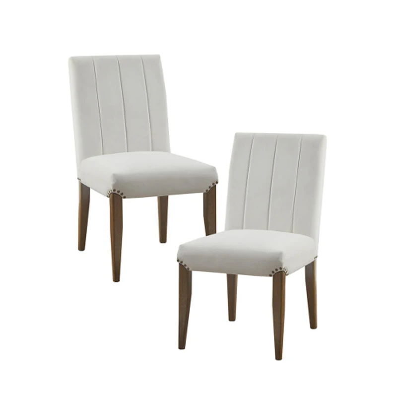 Dining Chair Set of 2 - Rich Cream Fabric, Vertical Channel Stitching, Walnut Wood Legs, Antique Gold Nail Heads,Modern Style