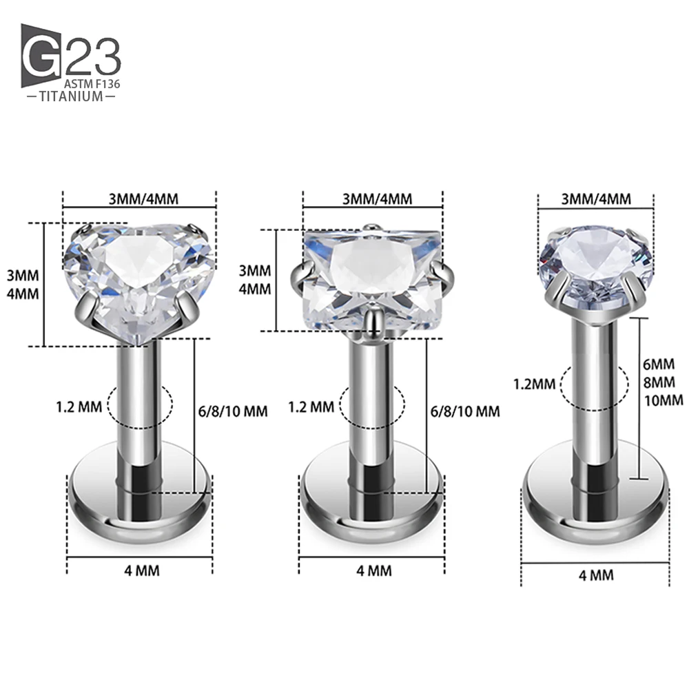 10Pc G23 Titanium Labret Lip Piercing Stud Internally Threaded Zircon Ear Stud Helix Cartilage Tragus Body Piercing Jewelry