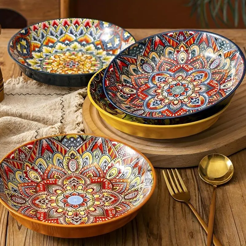 

Bohemian Style Ceramic Soup Bowl Microwave Safe Embossed Design Great for salads ramen noodles Vegetables, food plate