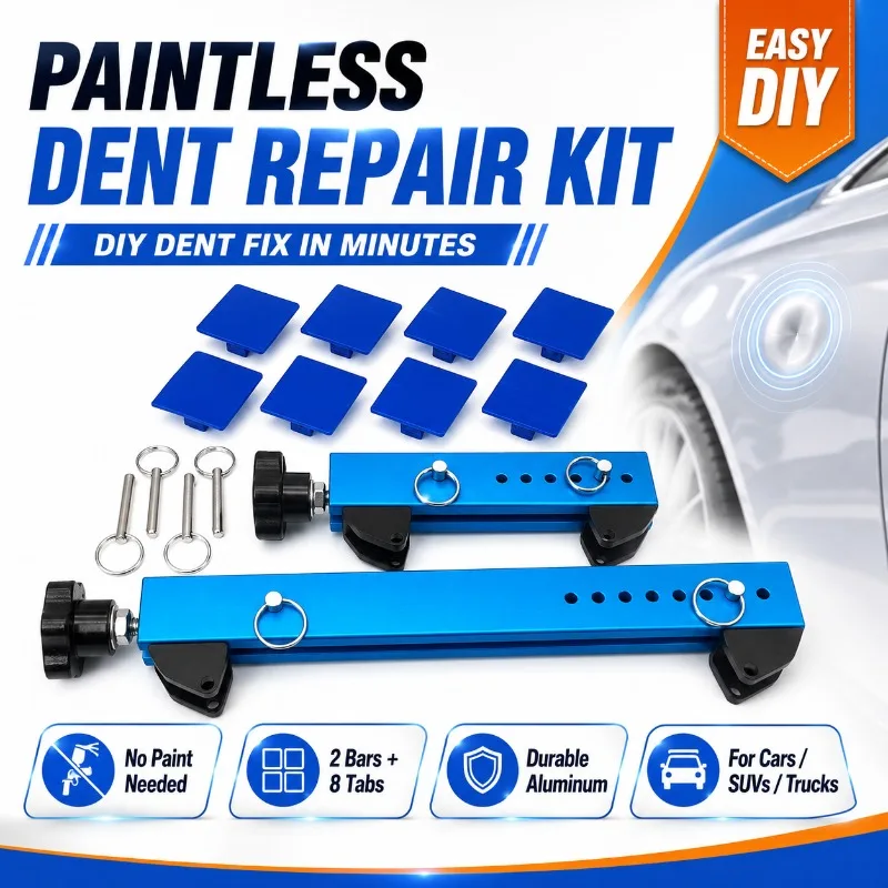Kit de réparation de bosses sans peinture, ensemble de tirants à pont en aluminium avec 2 barres de tirage, 8 languettes adhésives et adaptateurs métalliques pour la réparation de petites bosses de portières de voiture causées par la grêle, outil de réparation de carrosserie automobile DIY