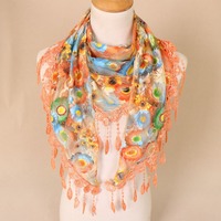 Sun Protection Lace Scarf with Tassel Colorful Printed Wraps Hair Band Pastoral Style Flower Triangle Headband Four Seasons