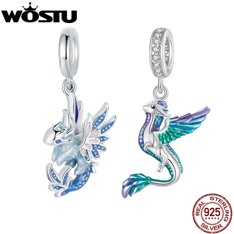 WOSTU 925 Sterling Silver Colorful Enamel Flying Dragon Charms Pendant Fit Original Bracelet Necklace Special Birthday DIY Gift