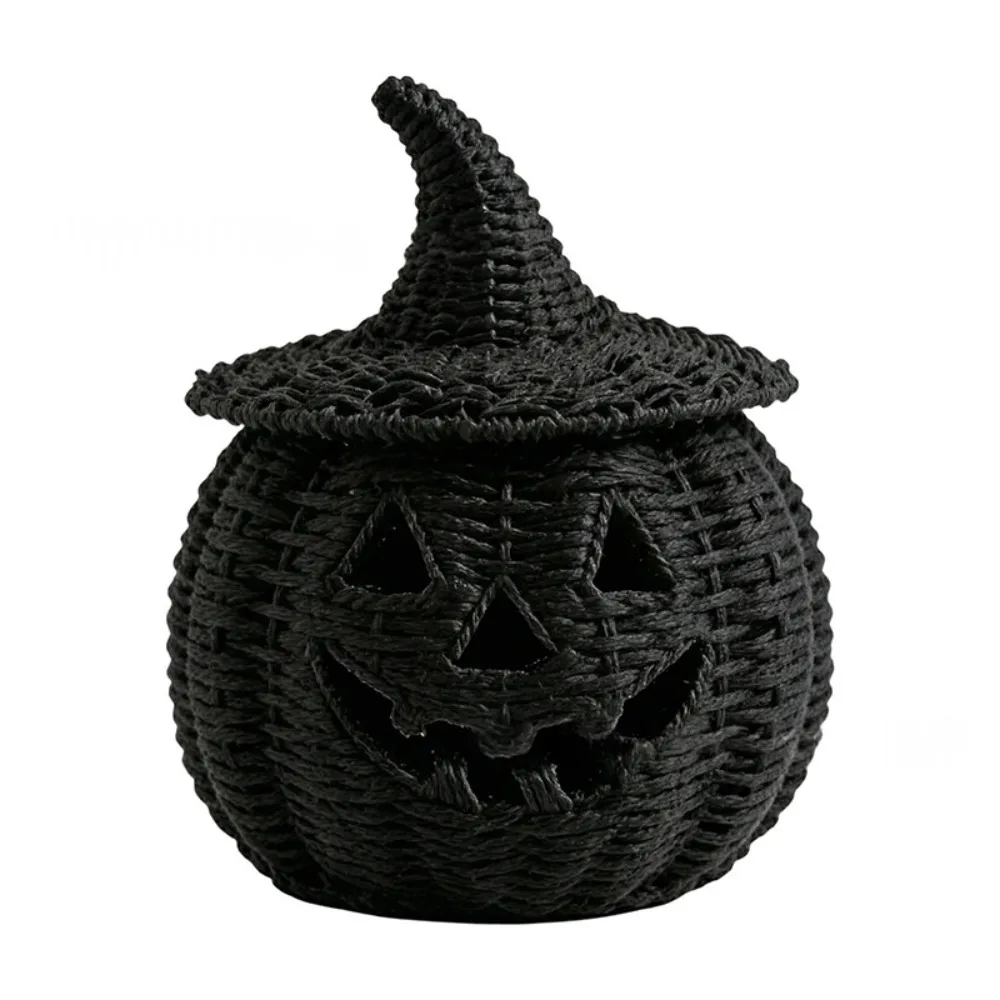 Vintage Halloween Pumpkin Statue with Witch Hat Removable Lid Pumpkin Candle Holder Spooky Rustic Resin Pumpkin Lantern