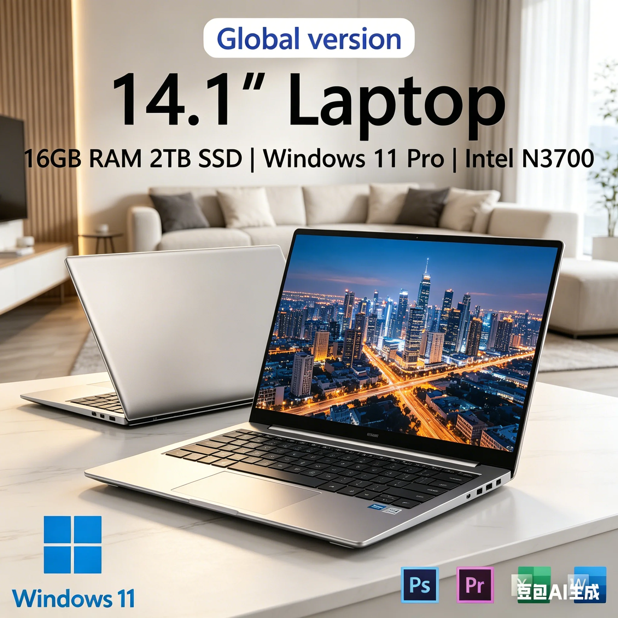 Fury Ultra Slim Laptop 14.1" 16GB RAM 2TB SSD Intel 4405U Gaming PC 1920*1080 Display Office Study Computer PC Windows 11