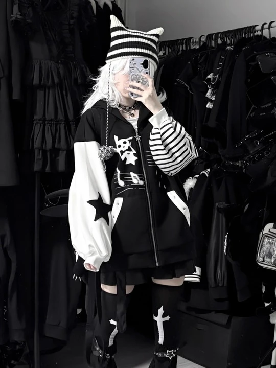 Harajuku estilo punk preto e branco retalhos dos desenhos animados impressão hoodie casual calças compridas estilo universitário roupa de menina quente primavera outono