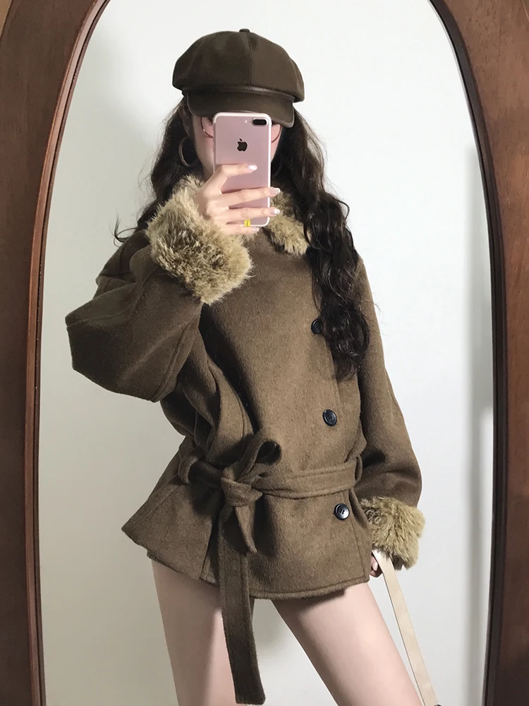 

Ele Vintage ort Woolen Coat Women's Winter Thiened Loose Fit Polyester Fiber Street Sle Long Sve Coat with Fur C...