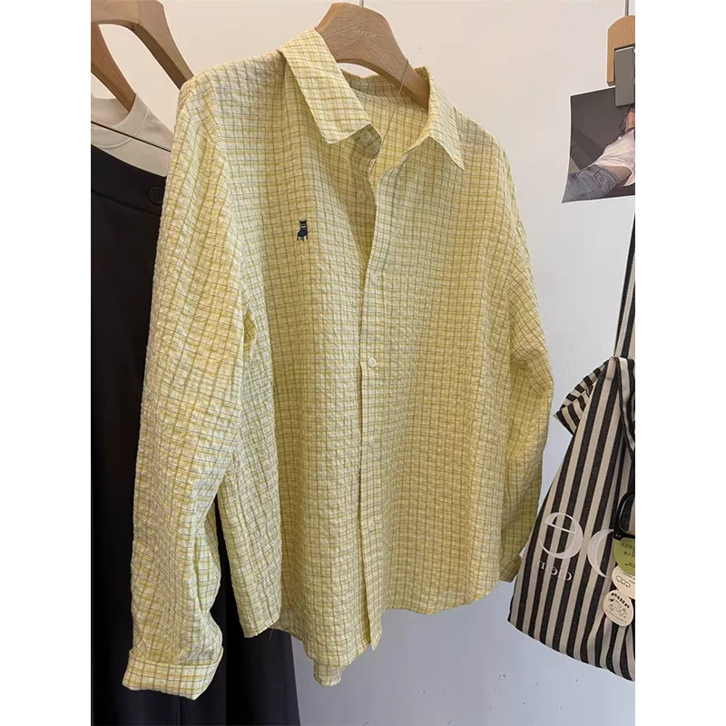 

Элегантная женская рубашка с вышивкой, свободного кроя, с длинным рукавом, повседневная, в клетку, с эффектом пузырьков, весна-лето, защита от УФ-излучения, хлопок