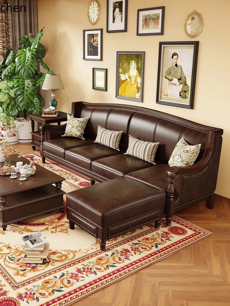 ZML Solid Wood Genuine Leather Sofa Top Layer Cowhide Combination Living Room Villa Three-Seater