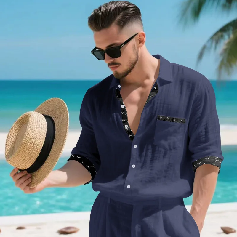 เสื้อคาร์ดิแกนผ้าลินินแขนยาวทรงหลวมสำหรับผู้ชาย สไตล์ลำลอง เหมาะสำหรับการเดินทาง ท่องเที่ยว ใส่ได้ทุกวัน