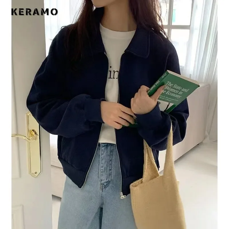 Korean Basics Style Zipper Turn Down Collar Jacket 2024 Autumn Winter Women All-match Outerwear Fashion Solid Color Coat