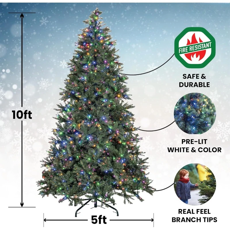 Christmas Tree 10 Ft- Pre-Lit White Multi-Color Premium LED Lights - Artificial Full Christmas Tree Includes Stand, Remote