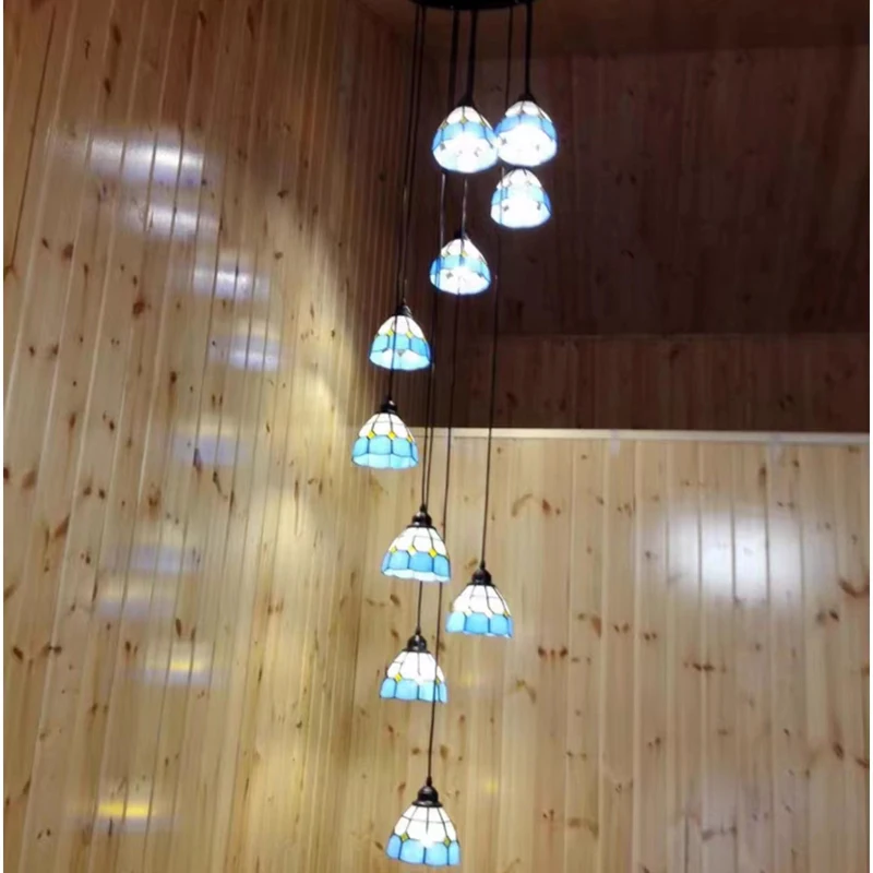 Mediterranean Staircase Pendant Lights Creative Blue Living Room Loft Duplex Building Rotating Staircase Long Tiffany Lights
