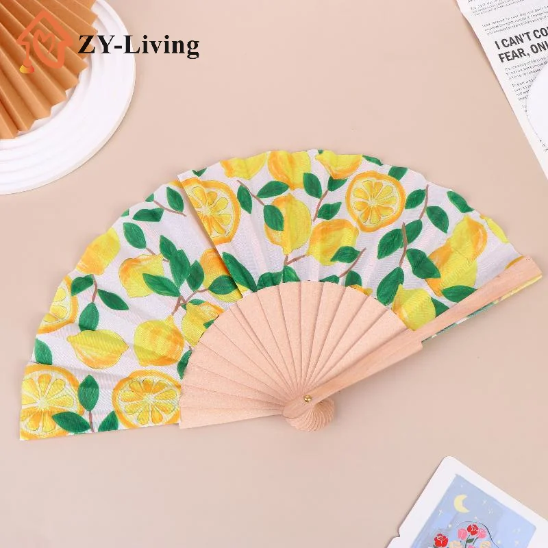 1Pcs Lemon Print Folding Hand Fan Fruit Pattern Bamboo Fabric Handheld Fan For Summer Cooling Dance Performance Party Decor