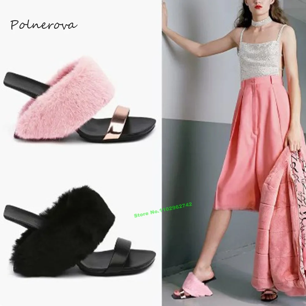 

Sexy Furry Strange Style Modern Slippers Square Toe One Strap Slippers 2023 Summer Outside Banquet Dress Shoes for Women Novelty