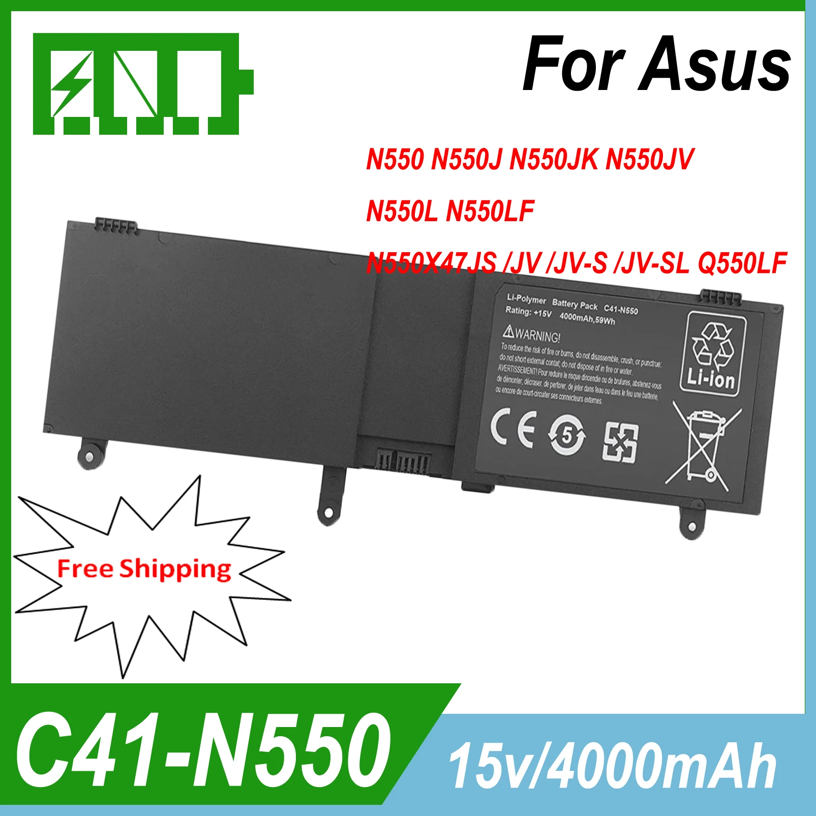 C41-N550 15V 4000mAh Laptop Battery for ASUS N550 N550J N550X47JS N550X47JV N550X47JV-S N550X47JV-SL Q550LF Notebook