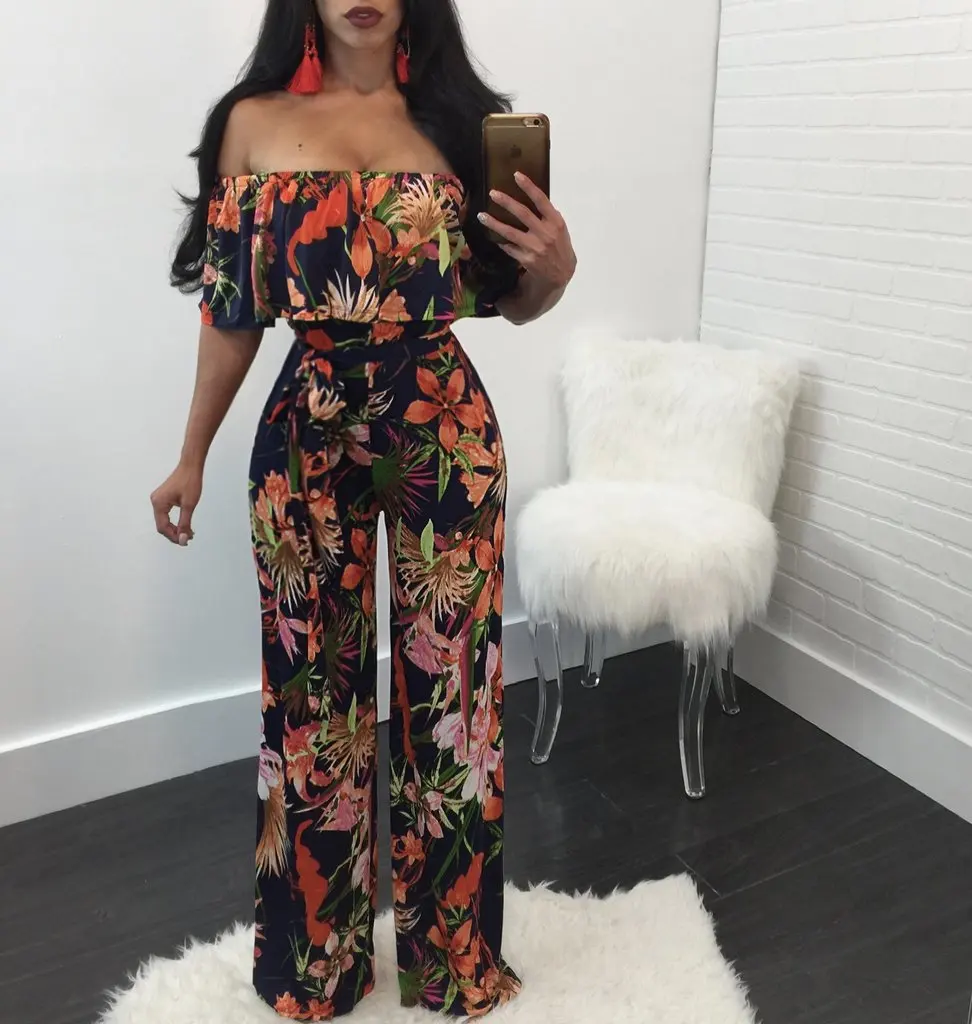 Women's Sexy Straight Neck Off-the-Shoulder Jumpsuits Fashion Print Loose Wide-Leg Jumpsuits Casual Party Club Elegant Jumpsuits