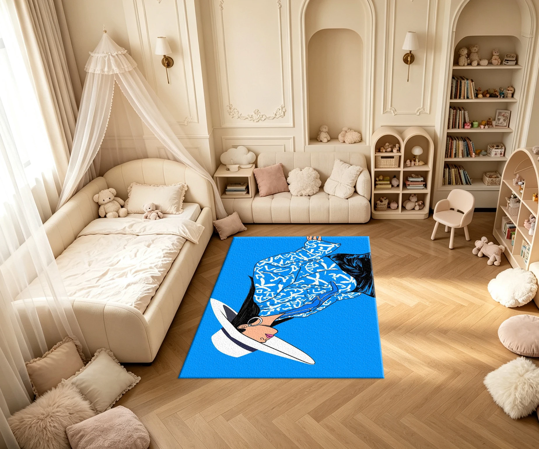 Fashion Woman with White Wide‑Brimmed Hat Pop Art Carpet Flooring Blue Background Modern Portrait Household Indoor Decor Floor Rug