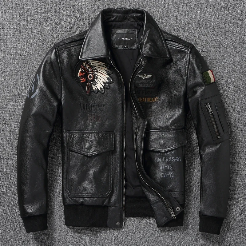 

2024 latest Indian Embroidery Flight Suit Pure Top layer Cowhide Leather Jacket Men's Oversize Motorcycle Slim Coat