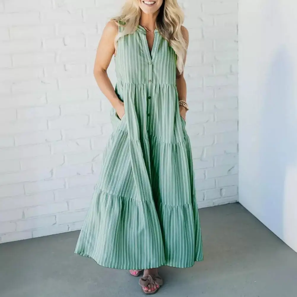 

Casual Maxi Dress Striped Print Sleeveless Maxi Dress with Side Pockets Pleated Patchwork Detail Women's A-line V Neck Summer