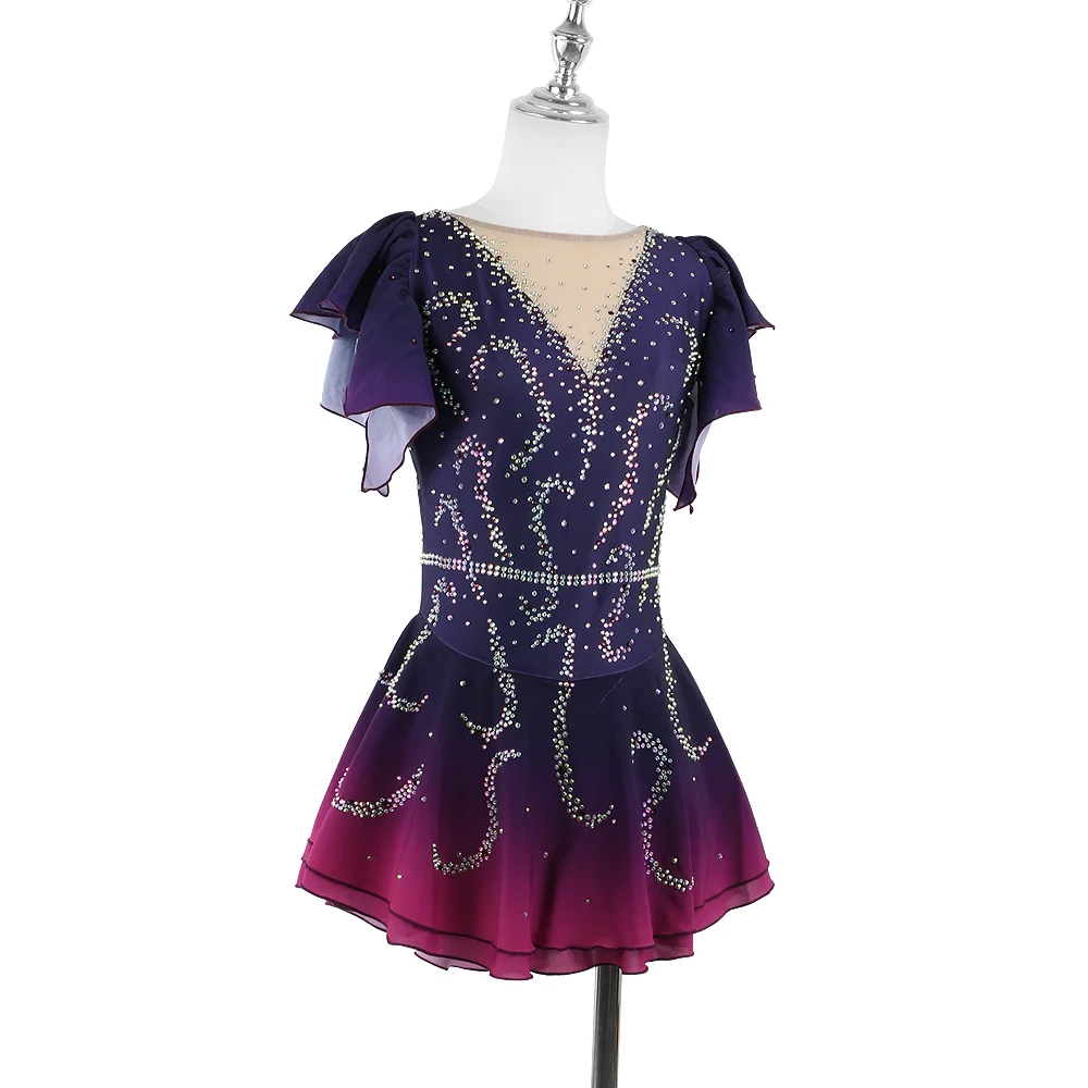 Zagitova Figure Skating Dress For Women Girls Ice Skating Skirt Short Sleeve Purple Gradient Princess Dress With Shiny Diamond