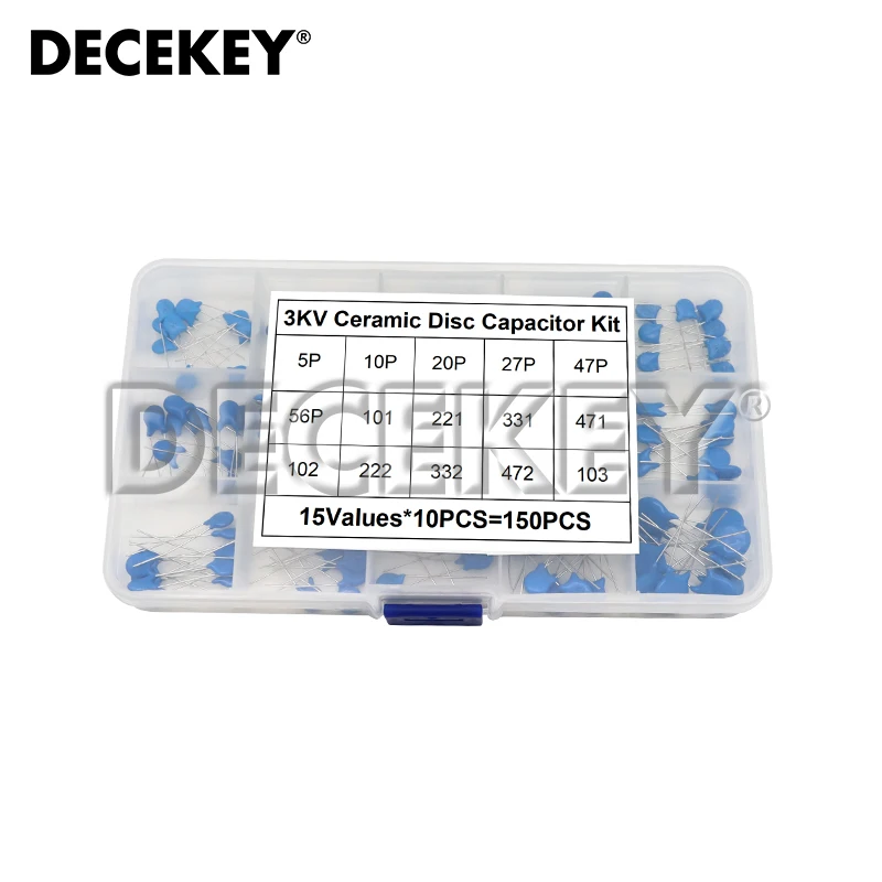 Kit surtido de condensadores cerámicos de alto voltaje, Set de capacitancia de 150 piezas, 3KV, 15 valores x 10 piezas, 10P, 47P, 100P, 220P, 470P, 102, 472, 103, 3000V