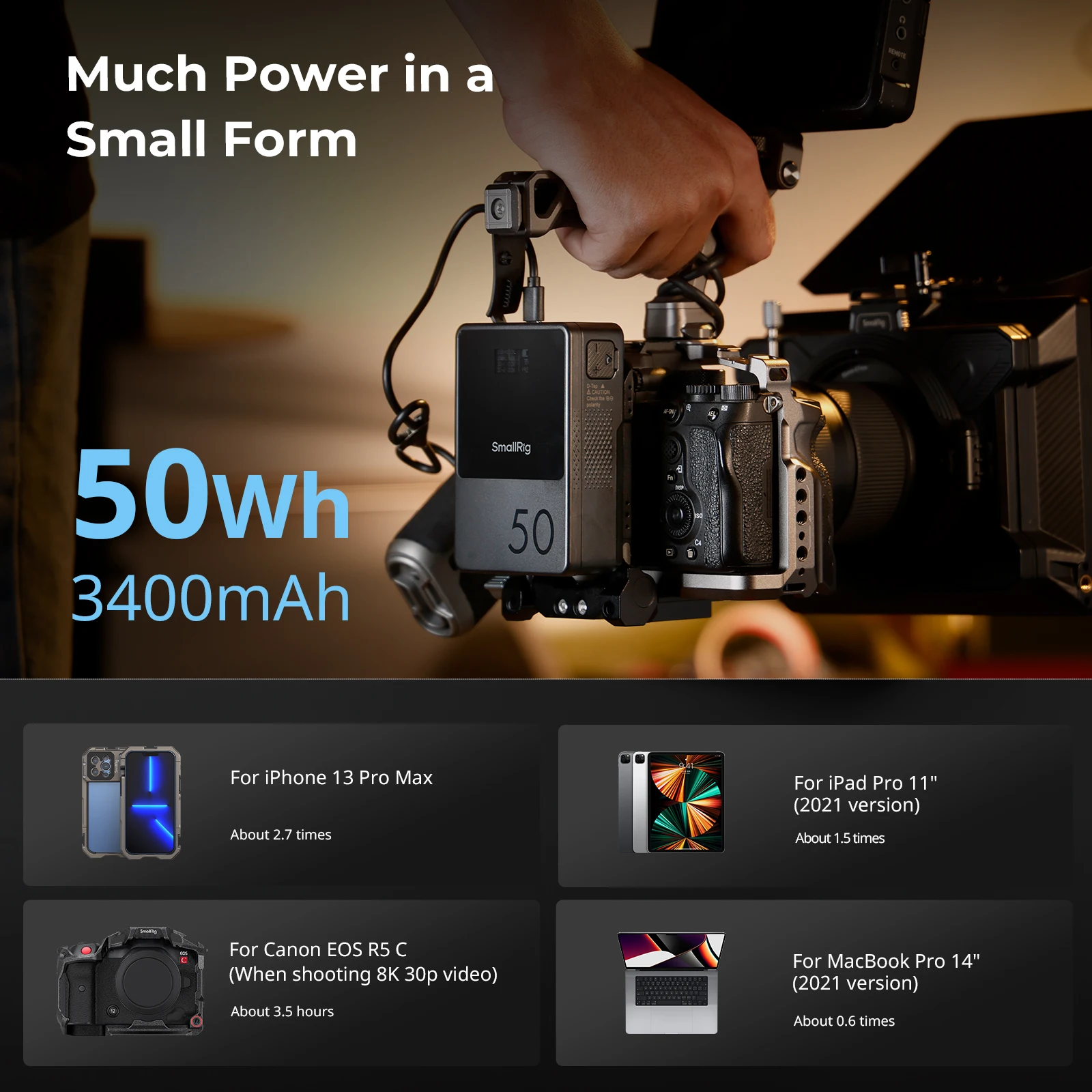 Smallrig-カメラ,スマートフォン用のポータブルVロックバッテリー,USB-C mAh,3400ポート,45W,vb50