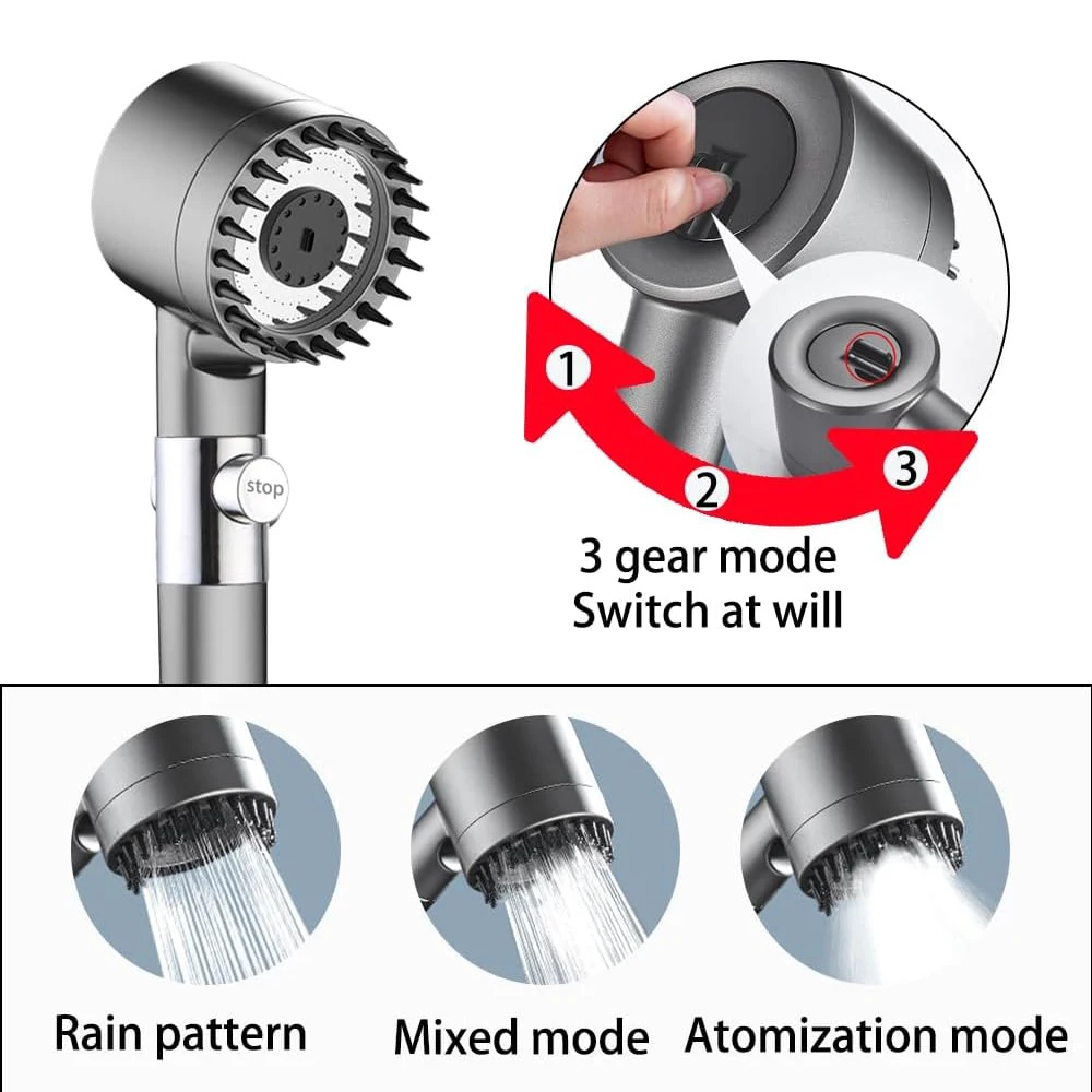 3 Modes Filter Powerful Shower Head Massage Spa High Pressure Water Saving Handheld Showerhead with ON/OFF Switch for Bathroom