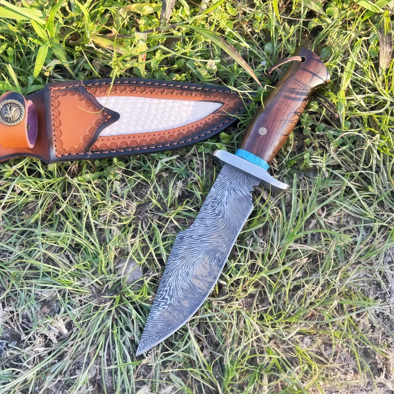 Outdoor portable feather-patterned knife, handle meat knife, camping hiking self-defense sharp knife