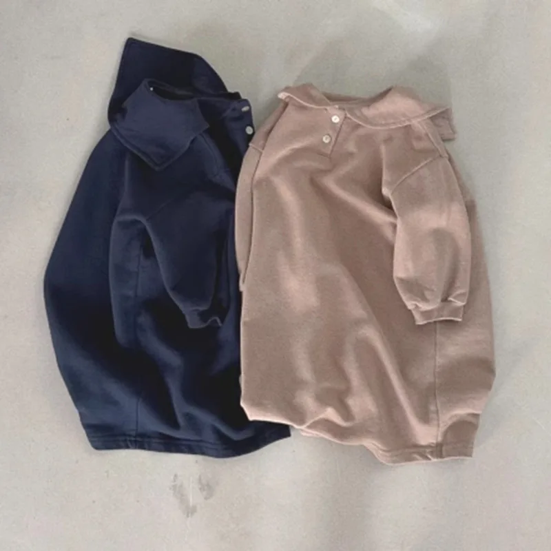 Korean Children's Clothing New Dress Girls Autumn and Winter Casual Loose College Style Lapel Collar Medium and Long Skirt