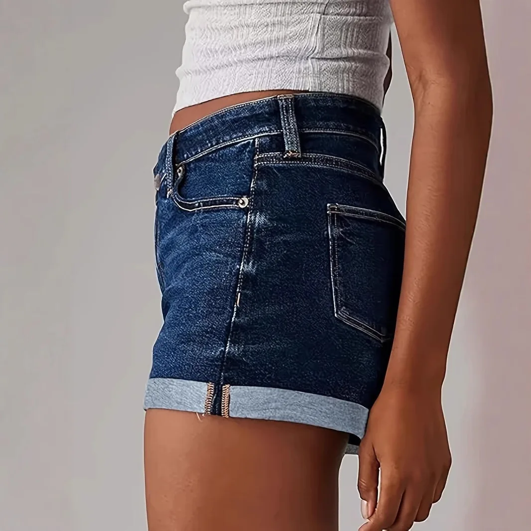 UK Style High Waist Straight Leg Jeans Shorts Women's Slim Fit Ripped Cuffed Denim  Skirt High Elasticity Cotton Fabric