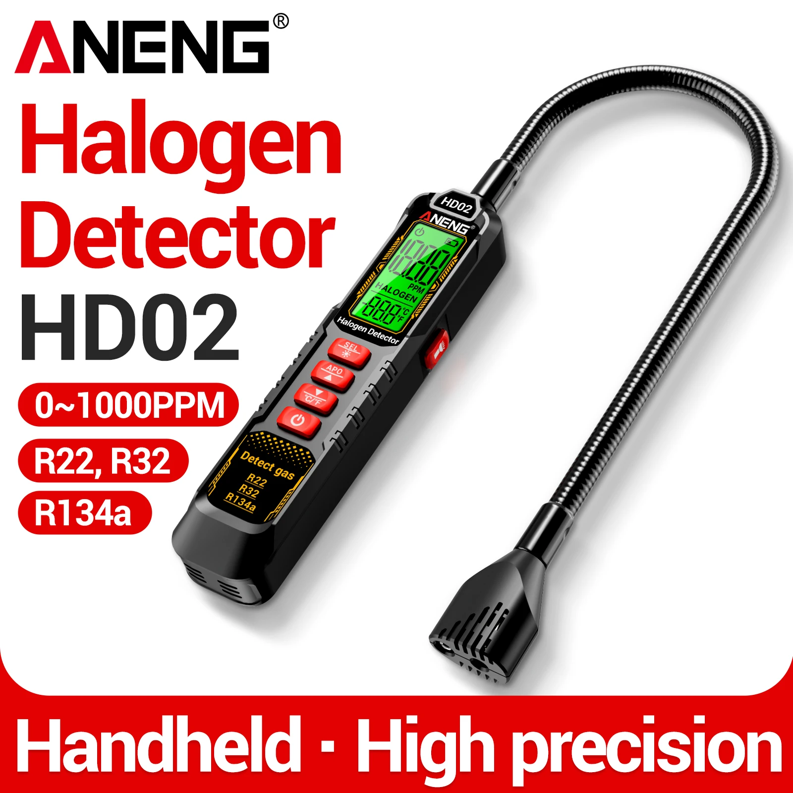 Detector de Fugas de Halógeno ANENG HD02 R22 R32 R134a, Probador de Aire Acondicionado con Sonda Flexible, Alarma Sonora y Luminosa para Trabajos de Mantenimiento de Refrigeración