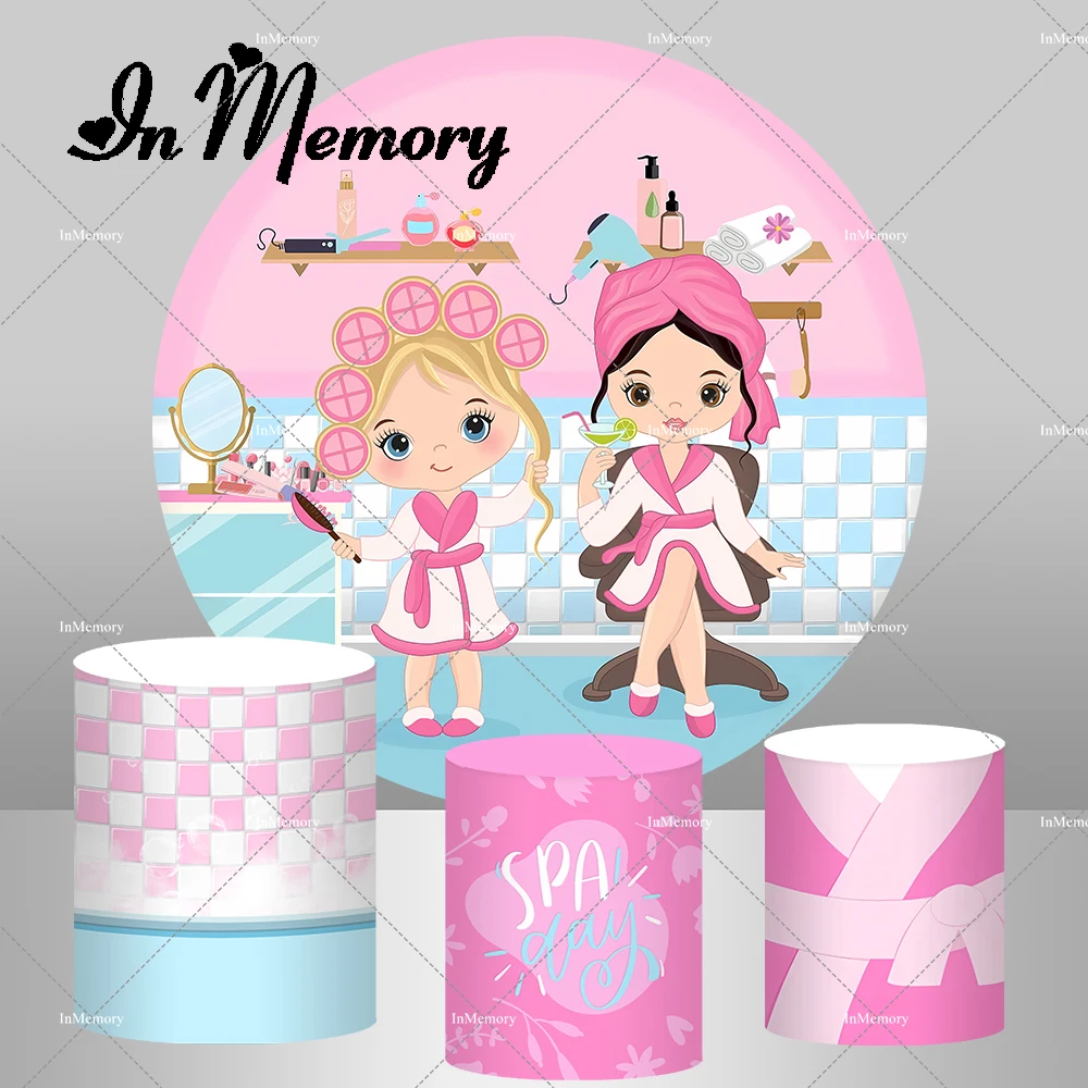 Spa Party Birthday Round Background Pink Girls Bathrobe Makeup Manicure Backdrop Photozone Photocall Plinth Covers