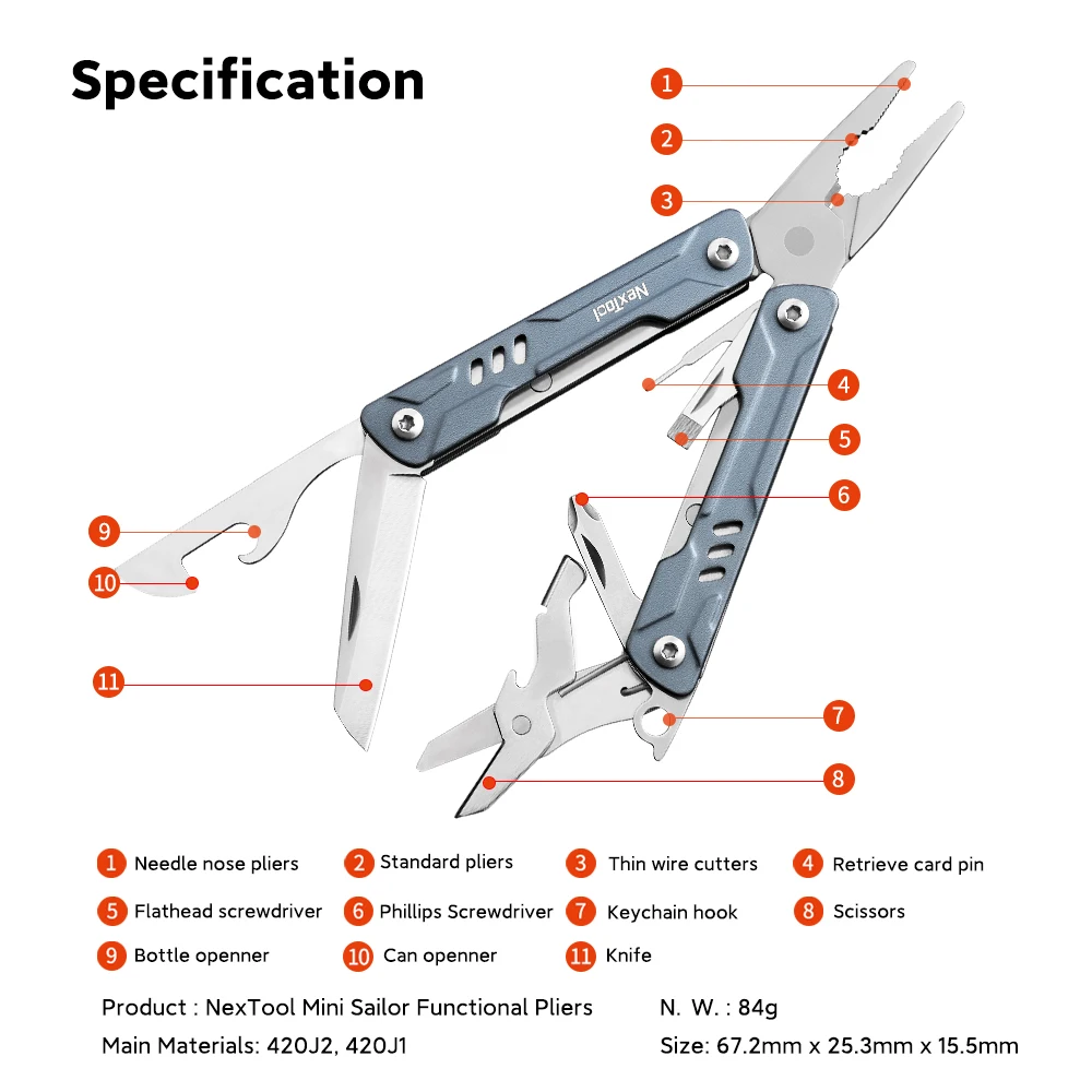 NexTool 11-In-1 Mini Sailor Outdoor Multi Tool Pocket Knife Folding Pliers Tools Wire Cutters EDC Card Pin Screwdriver Scissors