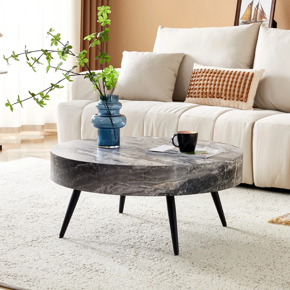 Runder Couchtisch Ø70cm, graue Marmoroptik aus MDF mit schwarzen Metallbeinen, minimalistisch, geeignet für Wohnzimmer & kleine Räume
