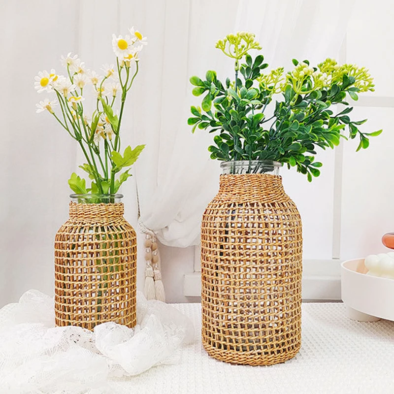 Rattan Vase Household Flower Home Decor Tabletop Dried Flowers Wicker Vase Country Retro Woven Art Craft Vase Home Living Room