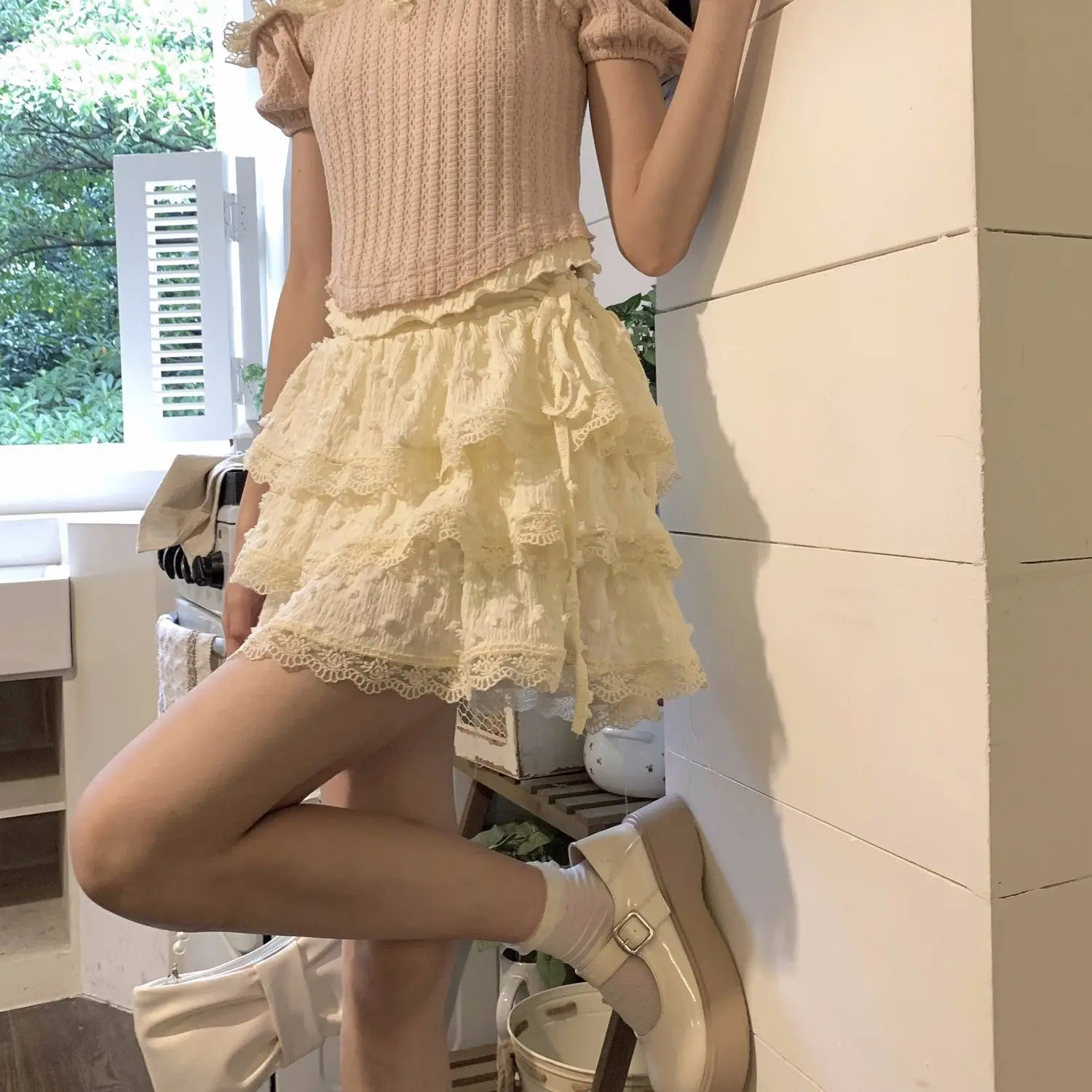 Mini Skirts Women Sweet Kawaii Lace Ruffles Patchwork Y2k Beige Japanese Lolita Streetwear All-match Party Students Summer Chic