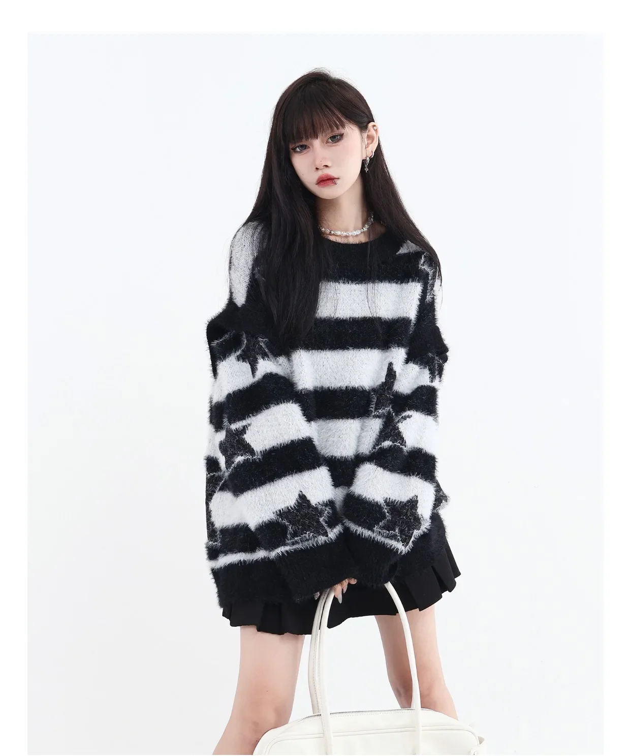 Ruibbit Harajuku Gothic Hole Long Sleeve Women Punk Style O-Neck Loose Vintage Off Black Pink Stripe Knitted Pullovers y2k tops