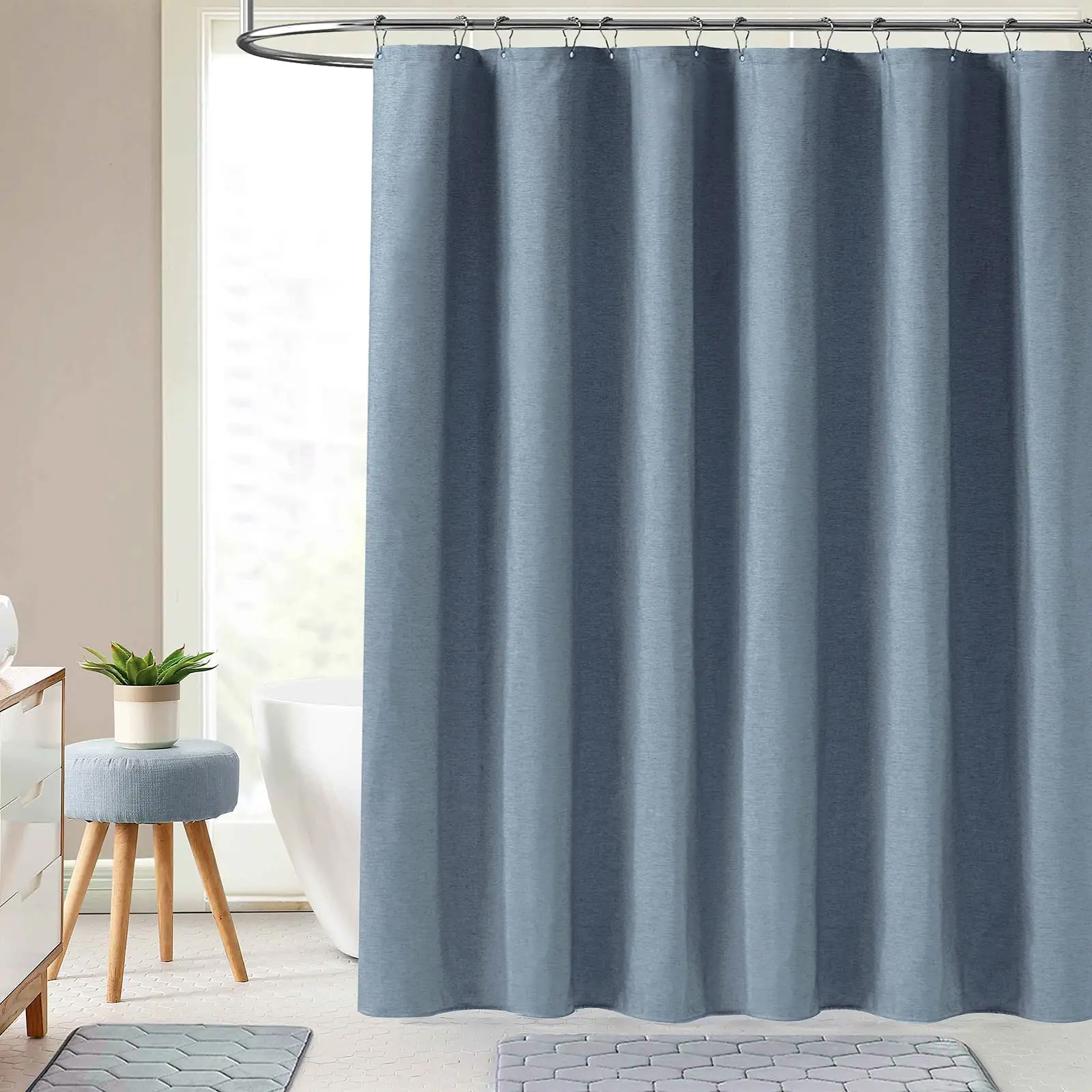 Blue 230G Luxury Fabric Shower Curtain Set with Plastic Hooks - Waterproof Cloth Textured Heavy Duty Hotel Curtains for Bathroom